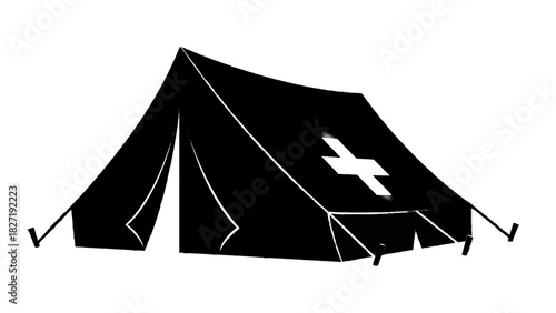 Vector illustration of black silhouette icon of a medical tent with a white cross symbol, isolated on transparent background