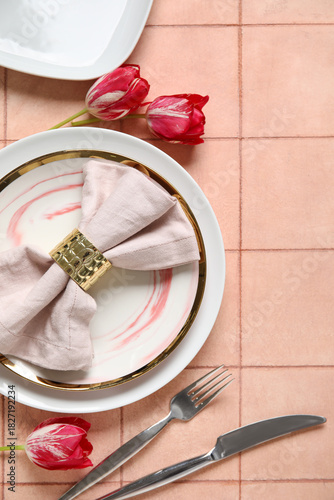 Plates with folded napkin, ...