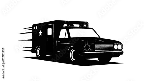 Vector illustration of black and white illustration of a fast moving police van or security vehicle isolated on transparent background