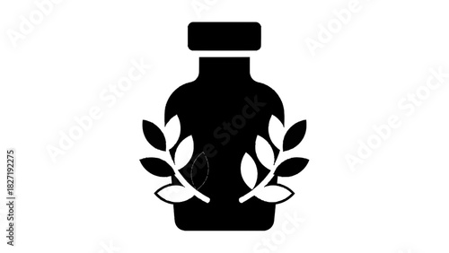 Vector illustration of black silhouette icon of a pharmaceutical vial or bottle adorned with laurel wreath, isolated on transparent background