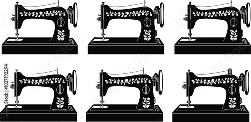 Vintage sewing machine vector illustration set featuring decorative floral designs, classic stitching tools, retro craftsmanship elements, and traditional 