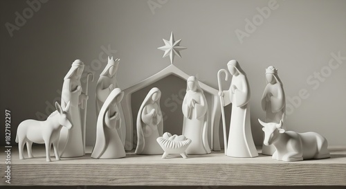 Minimalist white nativity scene set for Christmas decoration. Bethlehem manger with holy family and wise men figures for holiday display.