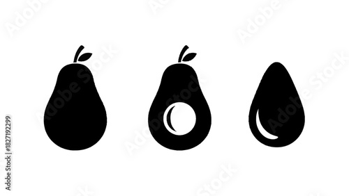 Vector illustration of set of three black avocado icons showing whole, halved with pit, and sliced fruit isolated on transparent background