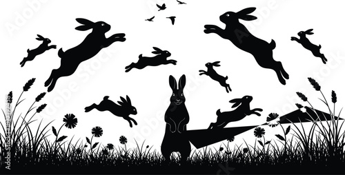 Wild rabbits jumping in meadow silhouette, vector illustration of bunnies running in grass with flowers, spring nature background design, black and white art