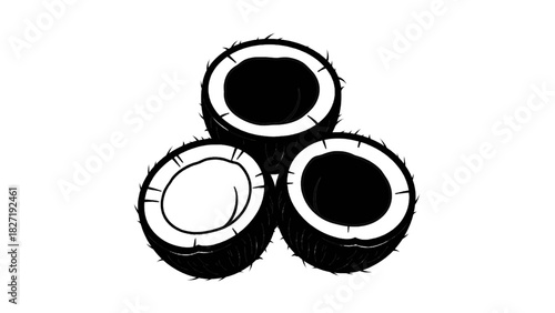 Vector illustration of hand drawn sketch of three halves of a coconut stacked together, isolated on transparent background