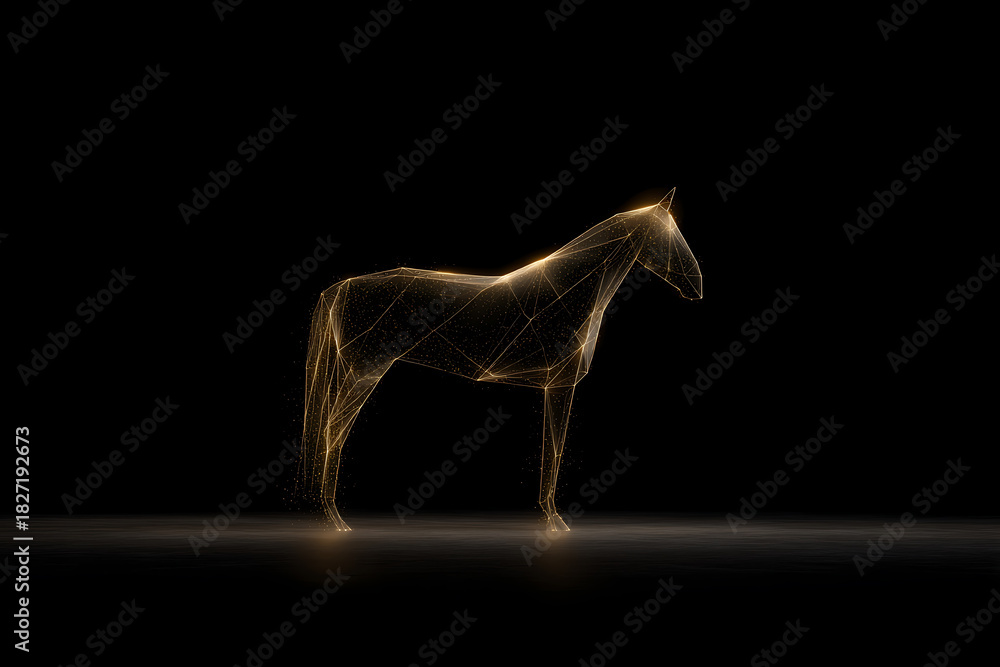 Fototapeta premium premium festive horse, shiny golden horse shape formed by radiant particles, sophisticated high-quality holiday concept, set against dark backdrop