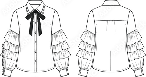 Women's blouse technical fashion flat sketch with tiered ruffle sleeves, bow tie, front and back view, cad drawing flat vector illustration.