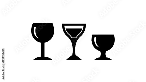 Vector illustration of set of three black silhouette icons representing different types of wine glass isolated on transparent background