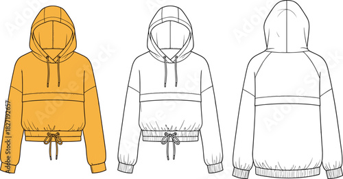 Women's cropped hoodie technical fashion flat sketch, drop shoulder sweatshirt with drawstring hem, front back, cad drawing flat vector illustration.