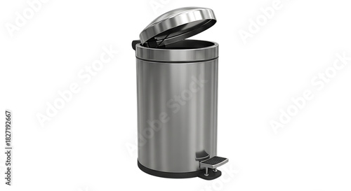 Sleek modern stainless steel pedal bin with open lid on a black background