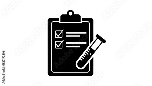 Vector illustration of black and white icon representing medical test results on a clipboard with a test tube isolated on transparent background