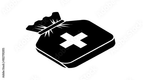 Vector illustration of black and white icon of a first aid kit bag with a white cross symbol isolated on transparent background