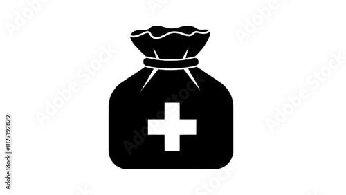 Vector illustration of black silhouette icon of a medical supply bag with a white cross, isolated on transparent background