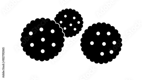 Vector illustration of three black silhouette icons of round crackers with holes, isolated on transparent background