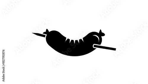 Vector illustration of black silhouette icon of a grilled sausage on a skewer, isolated on transparent background