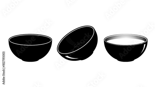 Vector illustration of three black bowl icon set showing empty, tilted, and filled bowl isolated on transparent background