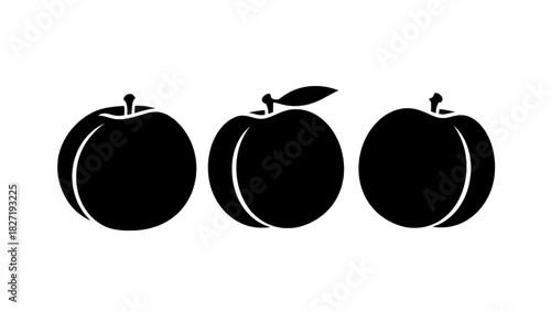 Vector illustration of three black silhouette icons of ripe peaches or apricots with a stem and leaf, isolated on transparent background