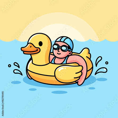 Cartoon swimmer with goggles in a yellow duck inflatable ring