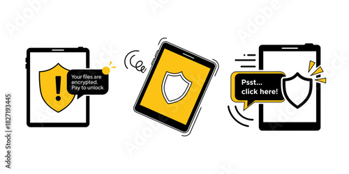 Illustrated Smartphone Security Threats Ransomware and Phishing Scams