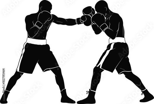 Two male boxers fighting silhouette vector illustration, men in gloves punching and sparring in ring, isolated on white background for sport competition design.
