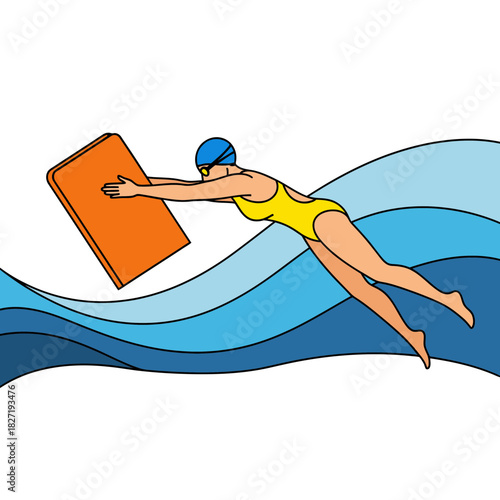 Swimmer with Orange Kickboard Gliding Through Water Vector Illustration