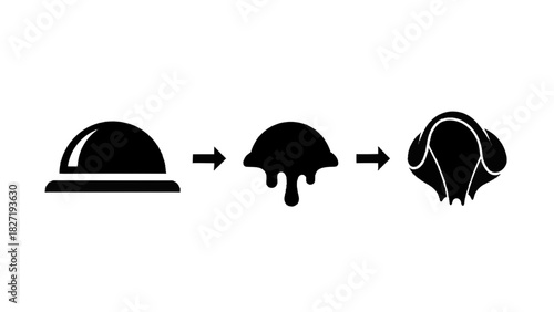 Vector illustration of black and white icon sequence showing a hard hat melting and deforming into a crumpled shape isolated on transparent background