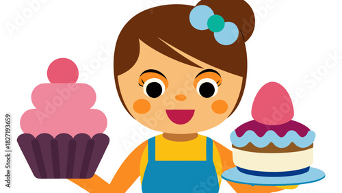 Smiling woman with cupcakes vector illustration