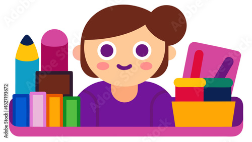 Woman arranging colorful makeup supplies in a flat illustration
