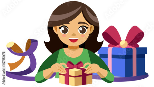 Woman smiling while holding and wrapping a gift box