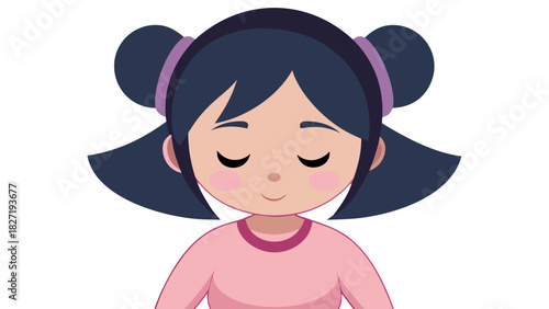 Cartoon girl in pink meditating with closed eyes in serenity