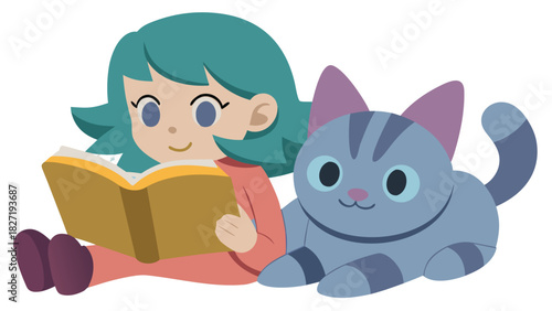A girl reading a book next to a cute cat in cartoon style