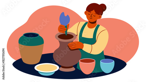 Woman creating pottery in an art studio with a creative focus