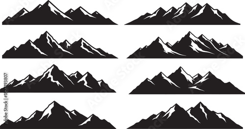 Silhouette illustration of multiple mountain ridge variations with sharp peaks and snow accents, concept of wilderness landscape and natural exploration