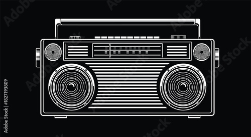 Vintage black and white vector illustration of a classic portable stereo cassette player or boombox with large speakers, representing 1980s music, hip-hop, retro technology, and urban culture.