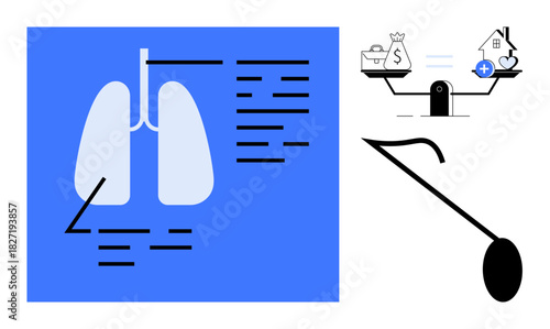 Healthcare concept. Healthcare icons show lung diagnostics, cost balance, and financial planning. Healthcare, medical care costs, patient diagnosis, treatment planning, wellness industry