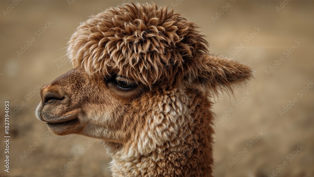 Obraz premium Close-up of a brown alpaca with curly fleece, showing its face and profile, in a natural setting.