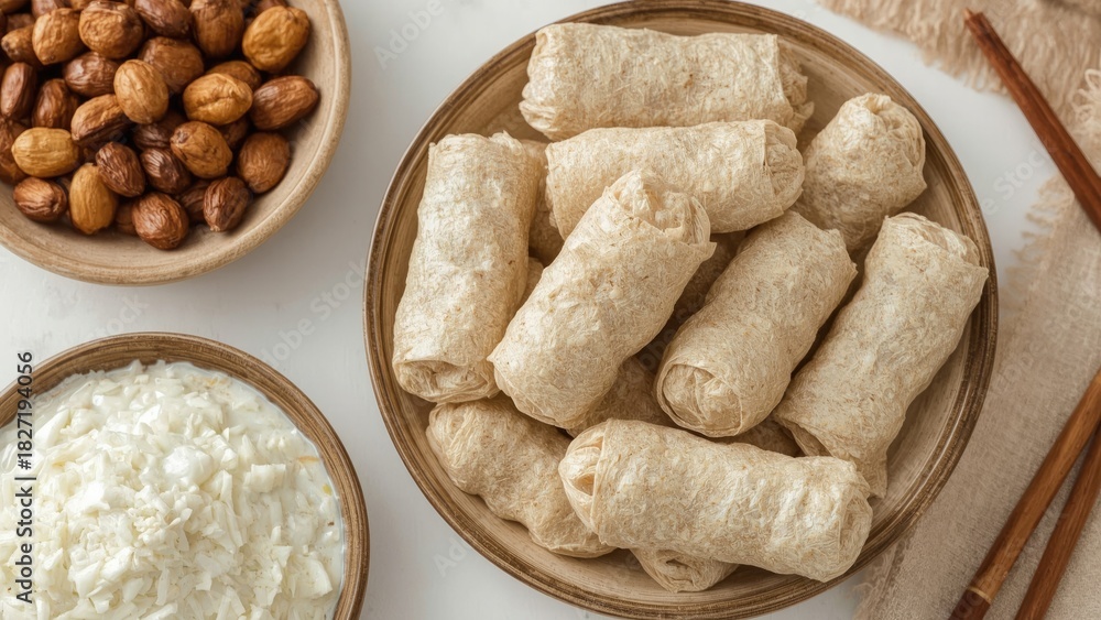 Fototapeta premium Plate of spring rolls, chopped onions, and hazelnuts on a table, Asian cuisine, traditional food, appetizing dish.
