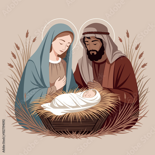 Vector illustration of Nativity scene with Mary, Joseph and baby Jesus sleeping in manger with wheat. Concept of Christian faith, Christmas miracle and religious holiday