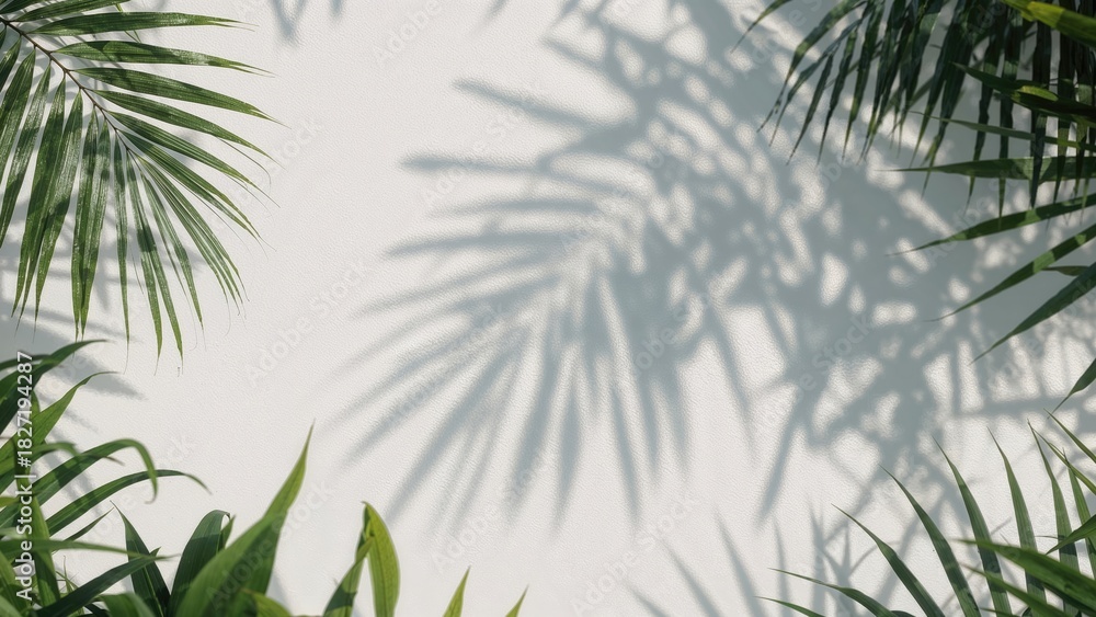 Fototapeta premium Shadows of palm leaves and green plants on a plain background.