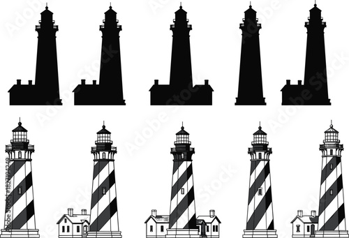 Vintage lighthouse illustration set, vector silhouettes and hand drawn sketches, maritime navigation beacon collection, sea safety tower with stripes, black and white design