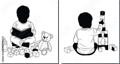 Silhouette toddlers reading book and building blocks, educational baby activities promoting learning, creativity, early development and childhood growth in black illustration