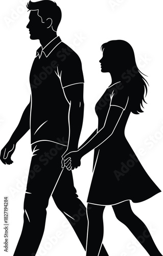Silhouette couple walking together holding hands, romantic pair strolling side by side, love relationship concept illustration for creative design use