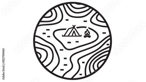 Minimalist circular emblem capturing the essence of outdoor adventure and wilderness exploration, featuring a cozy camping tent, a comforting campfire, and stylized topographic map lines