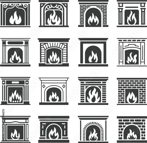 Collection of black and white fireplace icons with burning flames