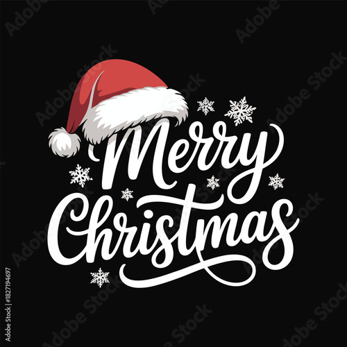 Merry christmas typographic design with santa hat and snowflakes