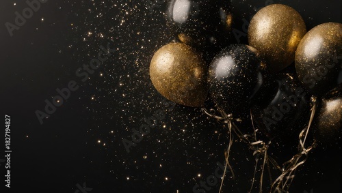 Bunch of gold and black balloons, with glitter against a dark background