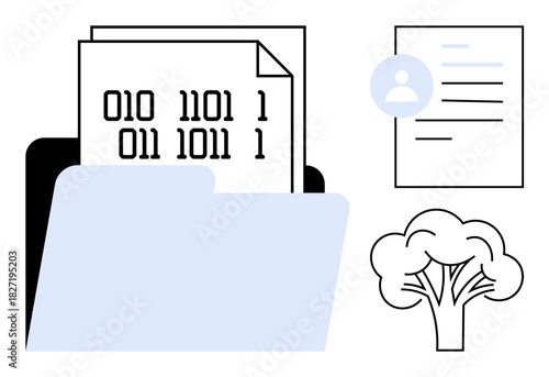 Folder holding binary-coded documents, user profile sheet, and tree icon. Ideal for digital file storage, coding, programming, user data management, tech ecology, sustainable technology simple flat