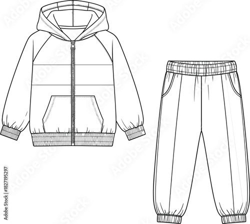 Technical drawing of child's full-zip hooded windbreaker jacket and elastic-cuff jogger pants tracksuit fashion CAD vector illustration template for apparel design