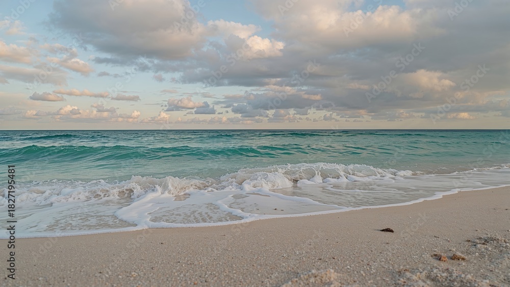 Fototapeta premium Beach shoreline with waves and clouds in the sky.