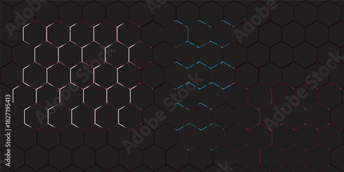 Abstract dark hexagon pattern on red neon background technology style. Modern futuristic geometric shape web banner design. You can use for cover template, poster, flyer, print ad. Vector illustration